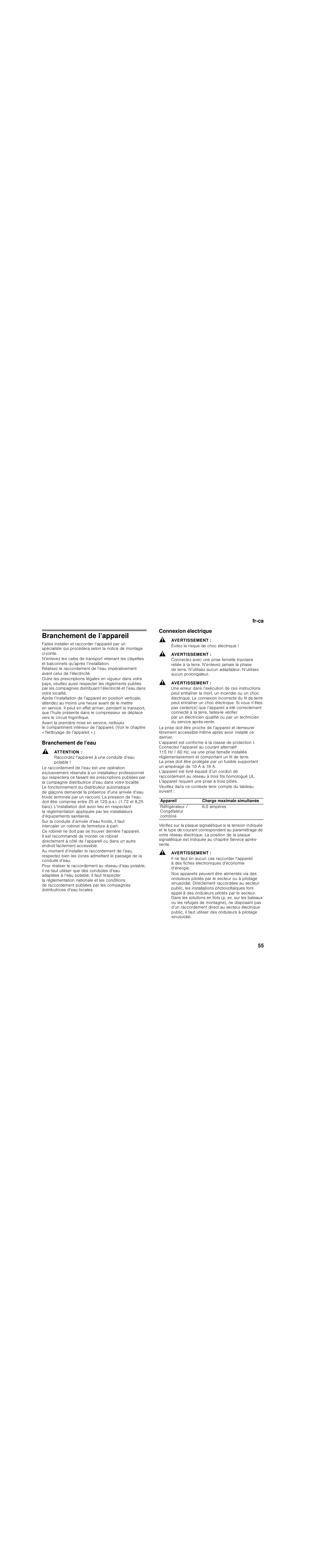 Branchement de l’appareil, Branchement de l’eau, Attention | Raccordez l’appareil à une conduite d’eau potable, Connexion électrique, Avertissement, Évitez le risque de choc électrique | Bosch B30BB830SS User Manual | Page 55 / 76