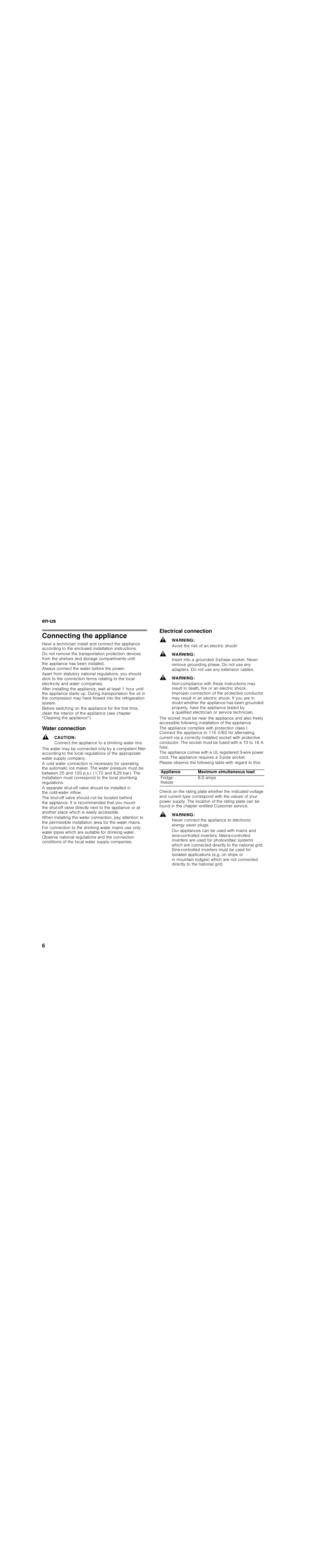Connecting the appliance, Water connection, Caution | Connect the appliance to a drinking water line, Electrical connection, Warning, Avoid the risk of an electric shock | Bosch B30BB830SS User Manual | Page 6 / 76