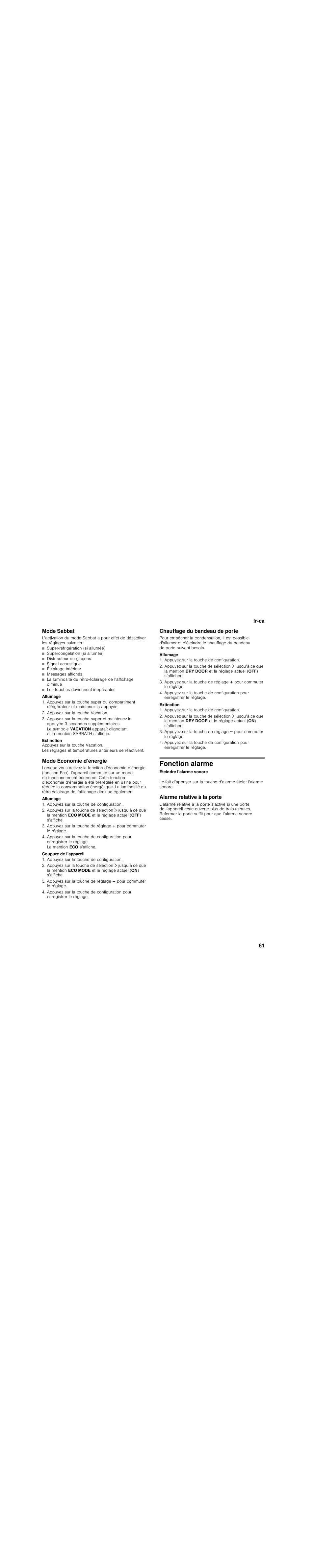 Mode sabbat, Allumage, Appuyez sur la touche vacation | Extinction, Mode économie d’énergie, Appuyez sur la touche de configuration, La mention eco s’affiche, Coupure de l’appareil, Chauffage du bandeau de porte, Fonction alarme | Bosch B30BB830SS User Manual | Page 61 / 76