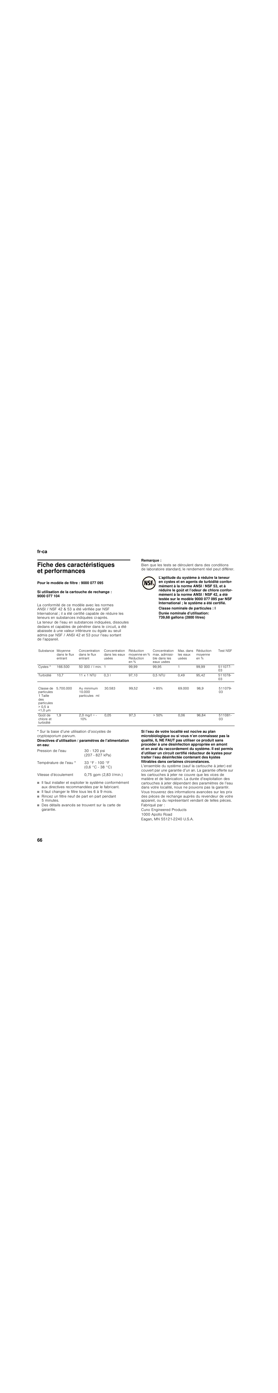 Fiche des caractéristiques et performances, Remarque, Fr-ca 66 | Bosch B30BB830SS User Manual | Page 66 / 76
