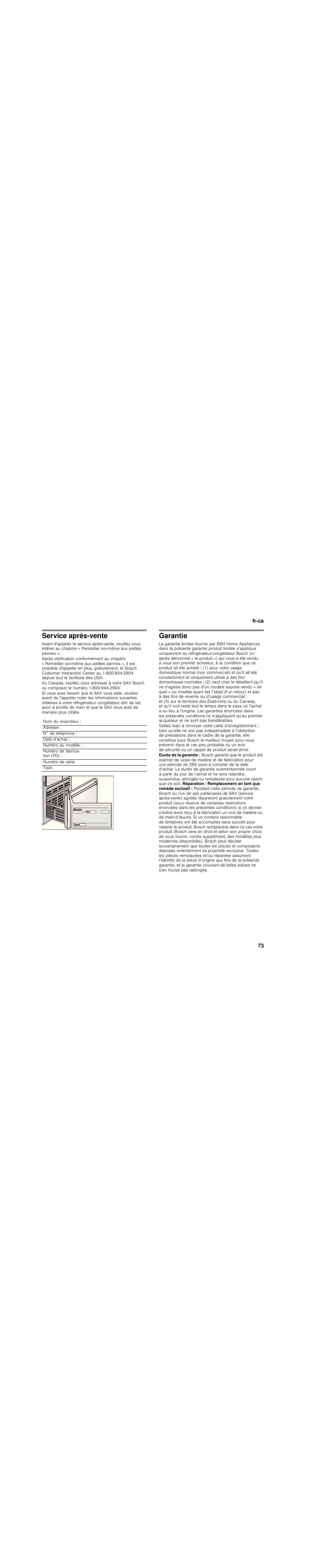 Service après-vente, Garantie | Bosch B30BB830SS User Manual | Page 73 / 76