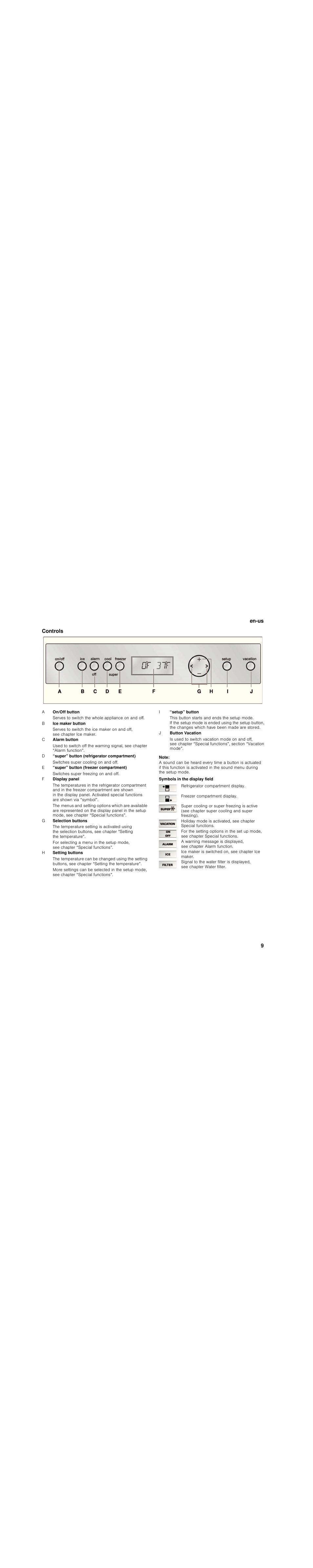 Controls, Note, Symbols in the display field | Bosch B30BB830SS User Manual | Page 9 / 76