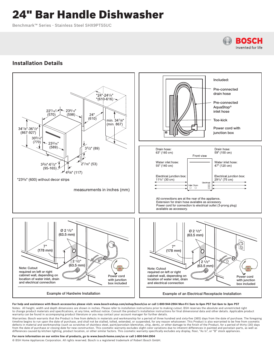 24" bar handle dishwasher, Installation details | Bosch SHX9PT55UC User Manual | Page 2 / 3