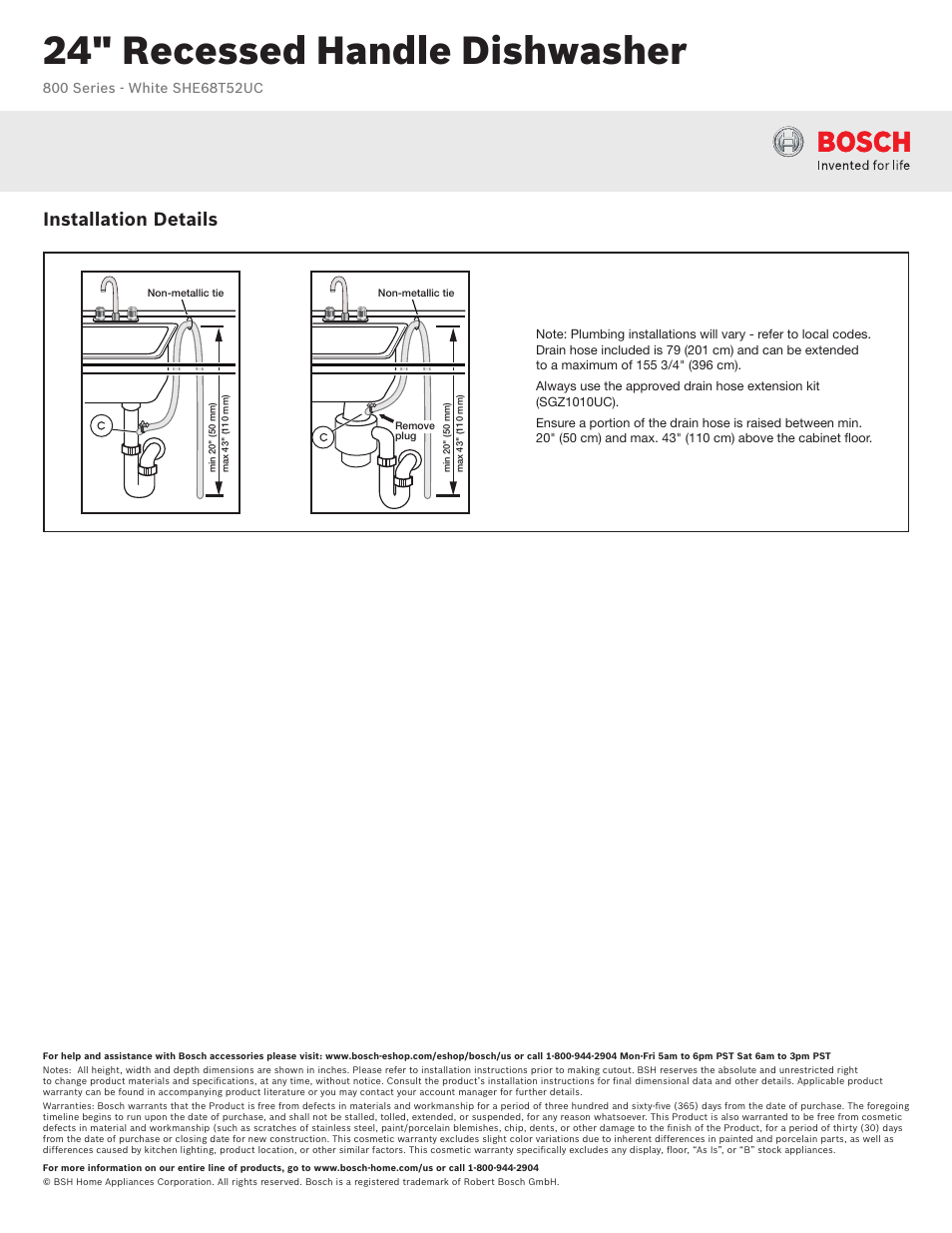 24" recessed handle dishwasher, Installation details | Bosch SHE68T52UC User Manual | Page 3 / 3