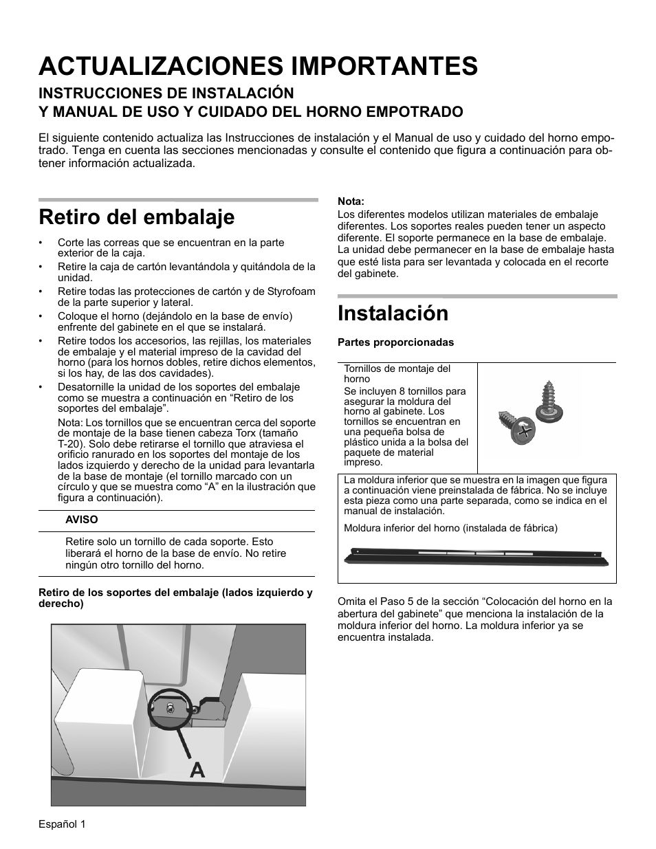 Actualizaciones importantes, Retiro del embalaje, Instalación | Bosch HBL8651UC User Manual | Page 14 / 20