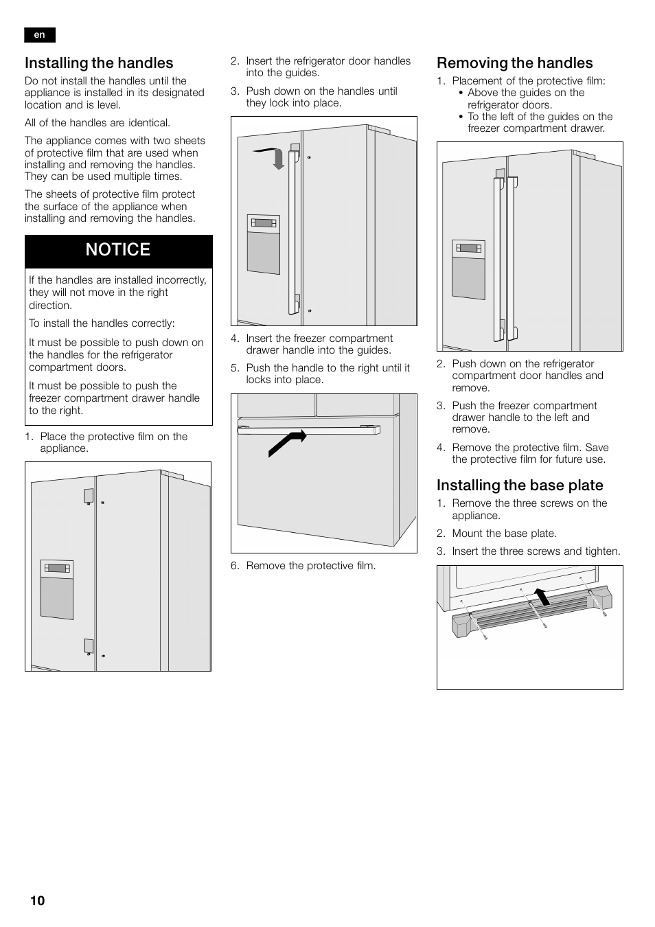 Notice, Installing the handles, Removing the handles | Installing the base plate | Bosch B26FT70SNS User Manual | Page 10 / 81