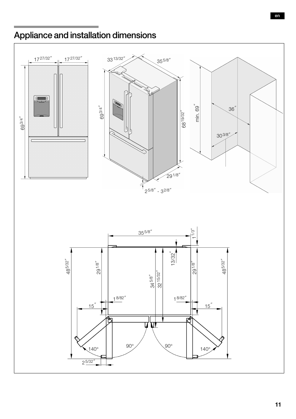 Appliance and installation dimensions | Bosch B26FT70SNS User Manual | Page 11 / 81