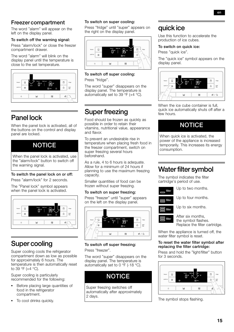 Panel lock, Super cooling, Super freezing | Quick ice, Water filter symbol, Notice, Freezer compartment | Bosch B26FT70SNS User Manual | Page 15 / 81