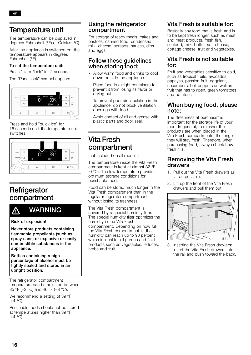 Temperature unit, Refrigerator compartment, Vita fresh compartment | Warning, Using the refrigerator compartment, Follow these guidelines when storing food, Vita fresh is suitable for, Vita fresh is not suitable for, Removing the vita fresh drawers | Bosch B26FT70SNS User Manual | Page 16 / 81