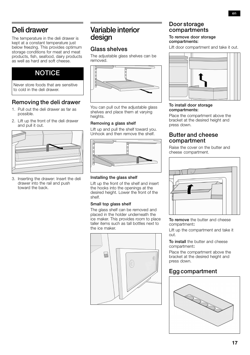 Deli drawer, Variable interior design, Notice | Removing the deli drawer, Glass shelves, Door storage compartments, Butter and cheese compartment, Egg compartment | Bosch B26FT70SNS User Manual | Page 17 / 81