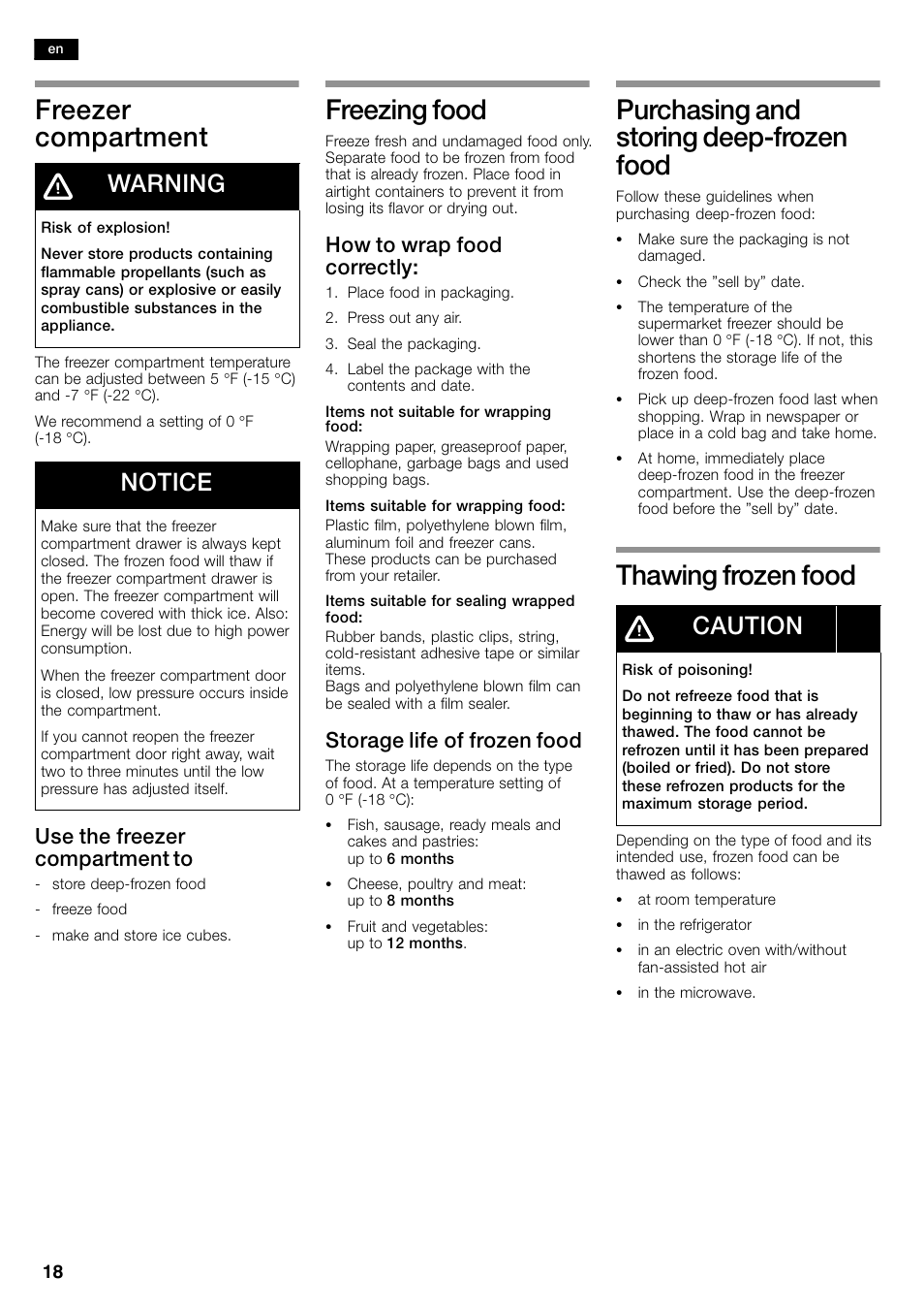 Freezer compartment, Freezing food, Purchasing and storing deep−frozen food | Thawing frozen food, Warning, Notice, Caution, Use the freezer compartment to, How to wrap food correctly, Storage life of frozen food | Bosch B26FT70SNS User Manual | Page 18 / 81