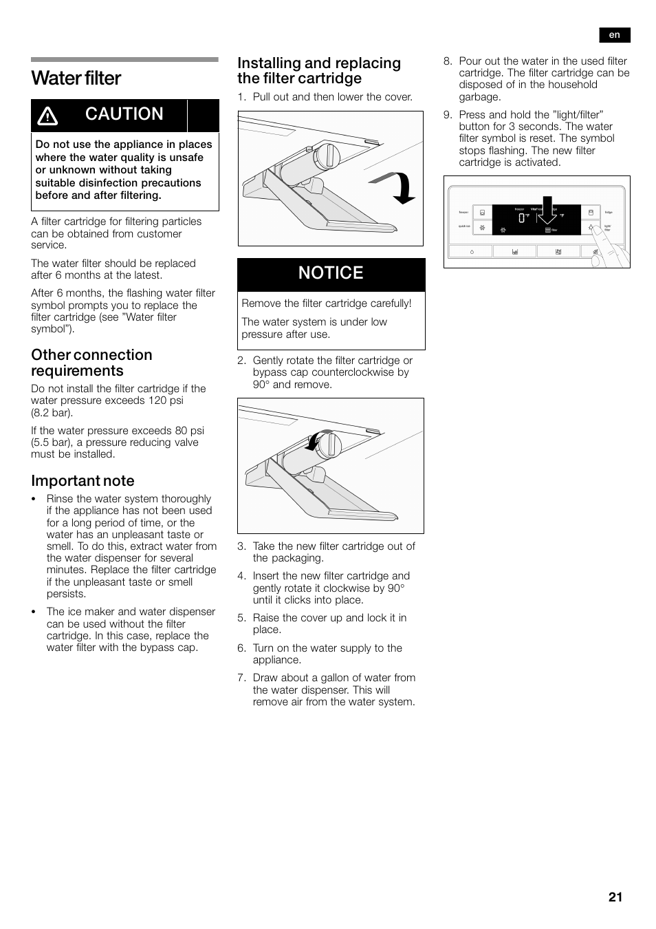 Water filter, Caution, Notice | Other connection requirements, Installing and replacing the filter cartridge | Bosch B26FT70SNS User Manual | Page 21 / 81