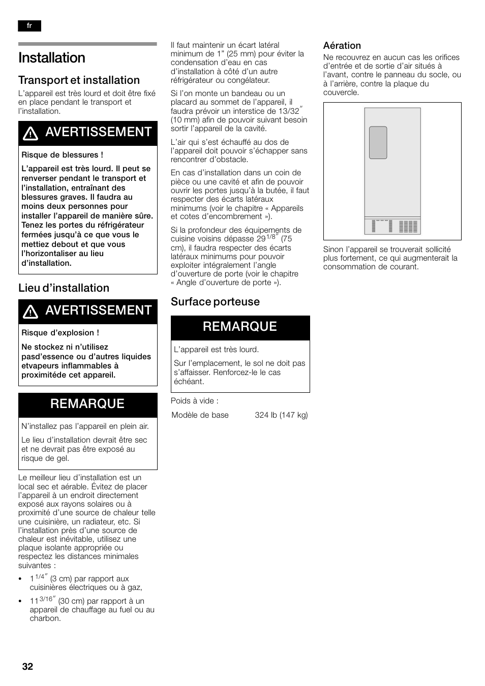 Installation, Avertissement, Remarque | Transport et installation, Lieu d’installation, Surface porteuse | Bosch B26FT70SNS User Manual | Page 32 / 81