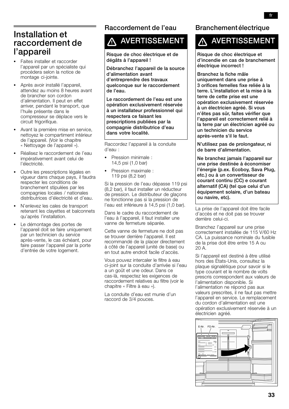 Installation et raccordement de l’appareil, Avertissement, Raccordement de l’eau | Branchement électrique | Bosch B26FT70SNS User Manual | Page 33 / 81