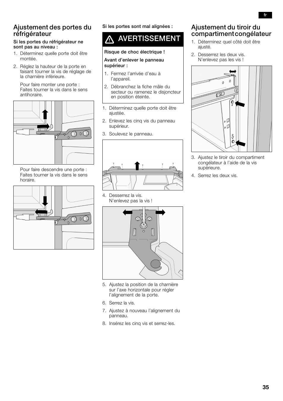 Avertissement, Ajustement des portes du réfrigérateur, Ajustement du tiroir du compartiment congélateur | Bosch B26FT70SNS User Manual | Page 35 / 81