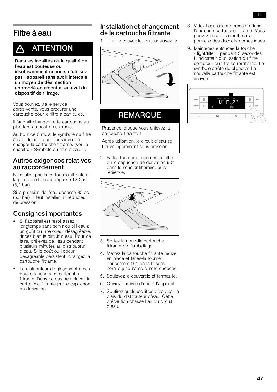 Filtre à eau, Attention, Remarque | Autres exigences relatives au raccordement, Consignes importantes | Bosch B26FT70SNS User Manual | Page 47 / 81