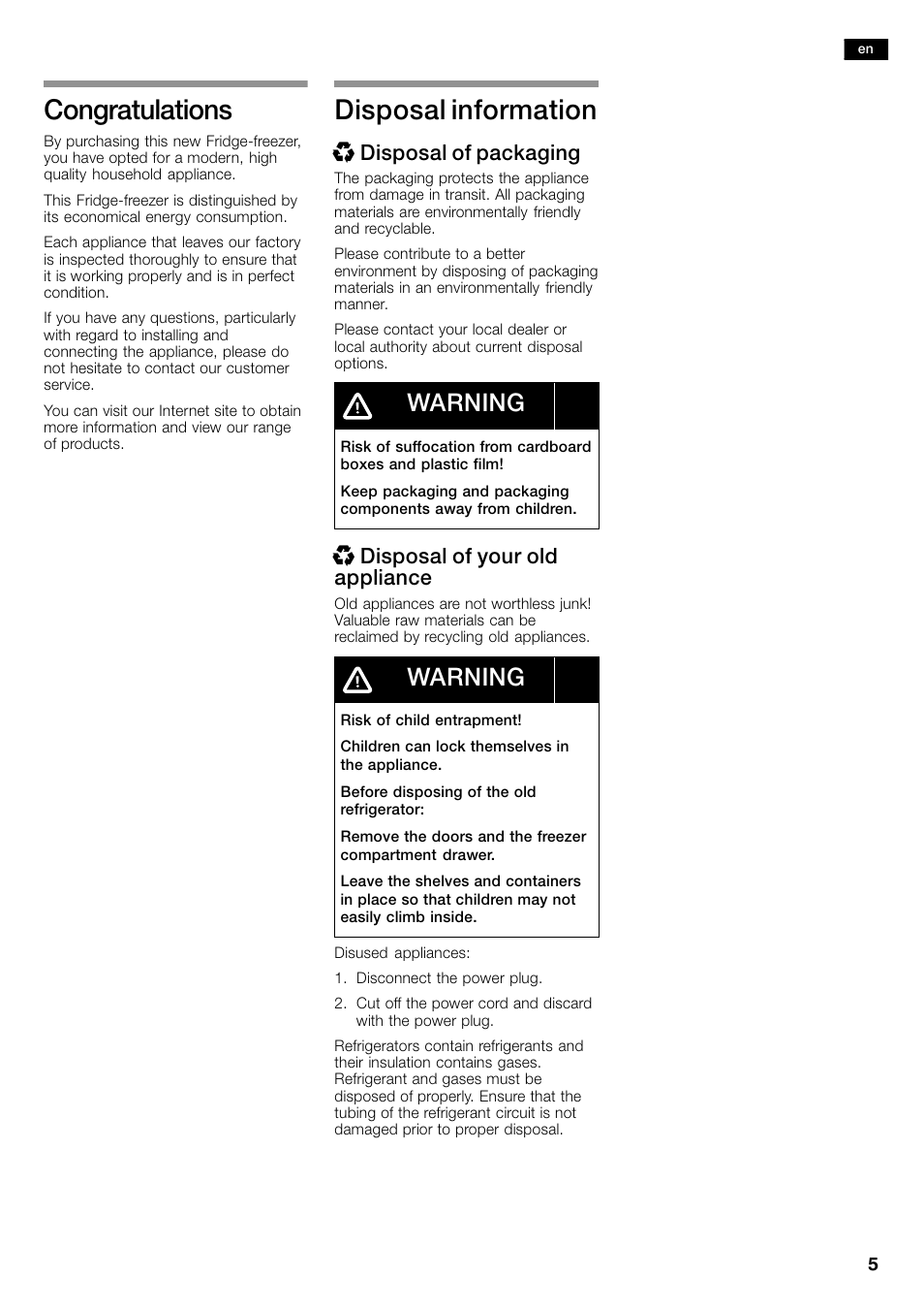Congratulations, Disposal information, Warning | Xdisposal of packaging, Xdisposal of your old appliance | Bosch B26FT70SNS User Manual | Page 5 / 81