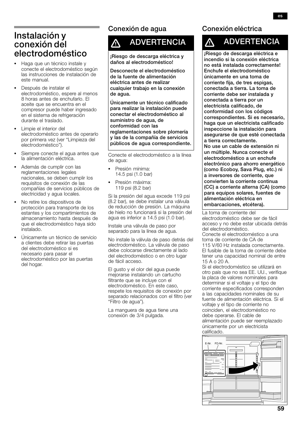 Instalación y conexión del electrodoméstico, Advertencia, Conexión de agua | Conexión eléctrica | Bosch B26FT70SNS User Manual | Page 59 / 81