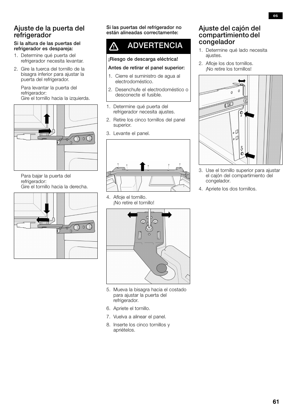 Advertencia, Ajuste de la puerta del refrigerador, Ajuste del cajón del compartimiento del congelador | Bosch B26FT70SNS User Manual | Page 61 / 81