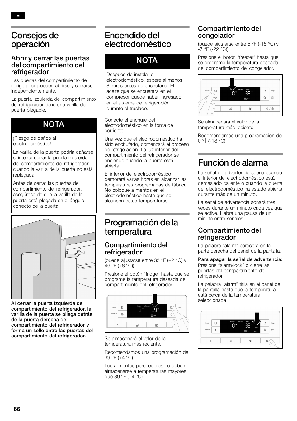 Consejos de operación, Encendido del electrodoméstico, Programación de la temperatura | Función de alarma, Nota, Compartimiento del refrigerador, Compartimiento del congelador | Bosch B26FT70SNS User Manual | Page 66 / 81