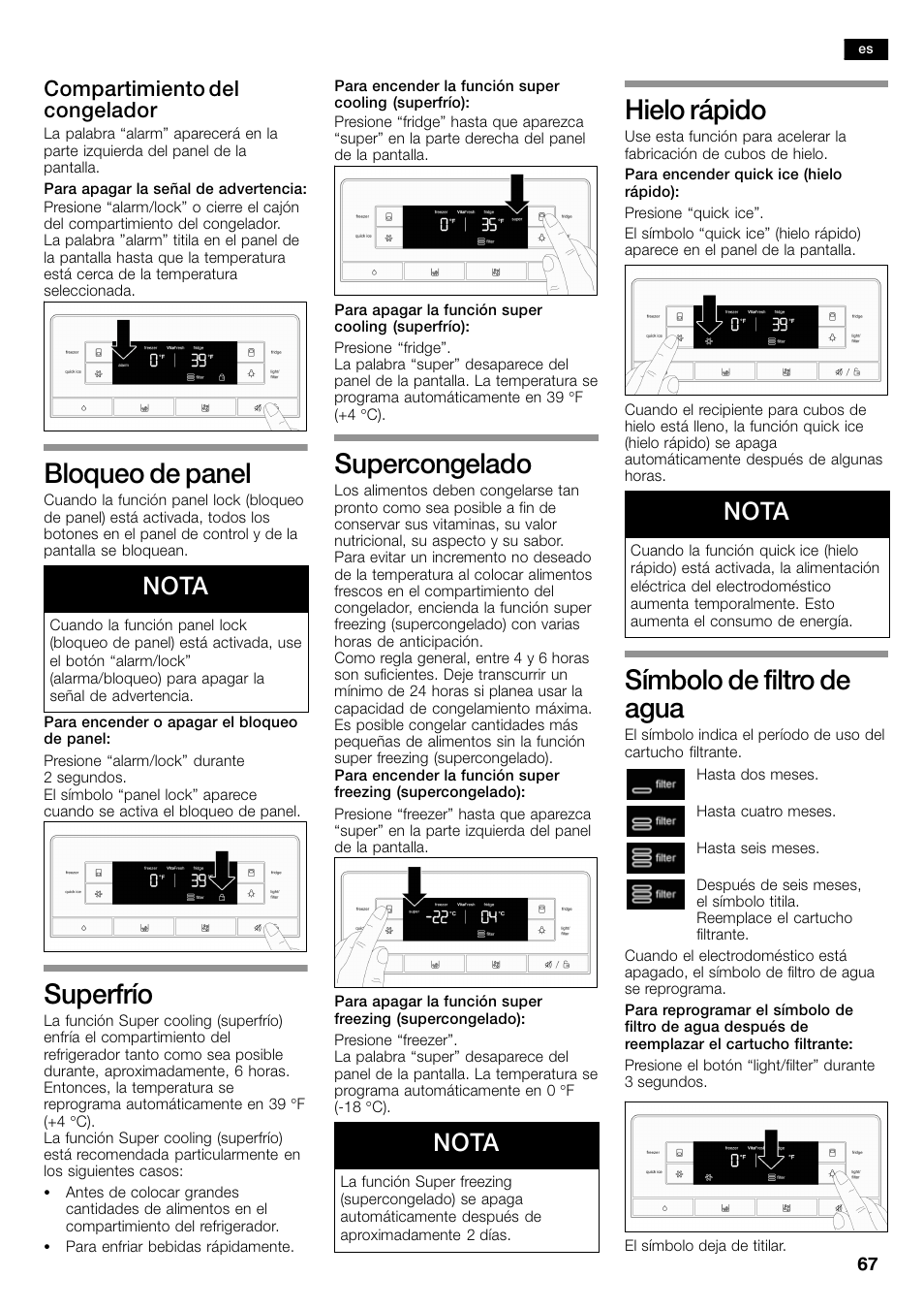 Bloqueo de panel, Superfrío, Supercongelado | Hielo rápido, Símbolo de filtro de agua, Nota, Compartimiento del congelador | Bosch B26FT70SNS User Manual | Page 67 / 81