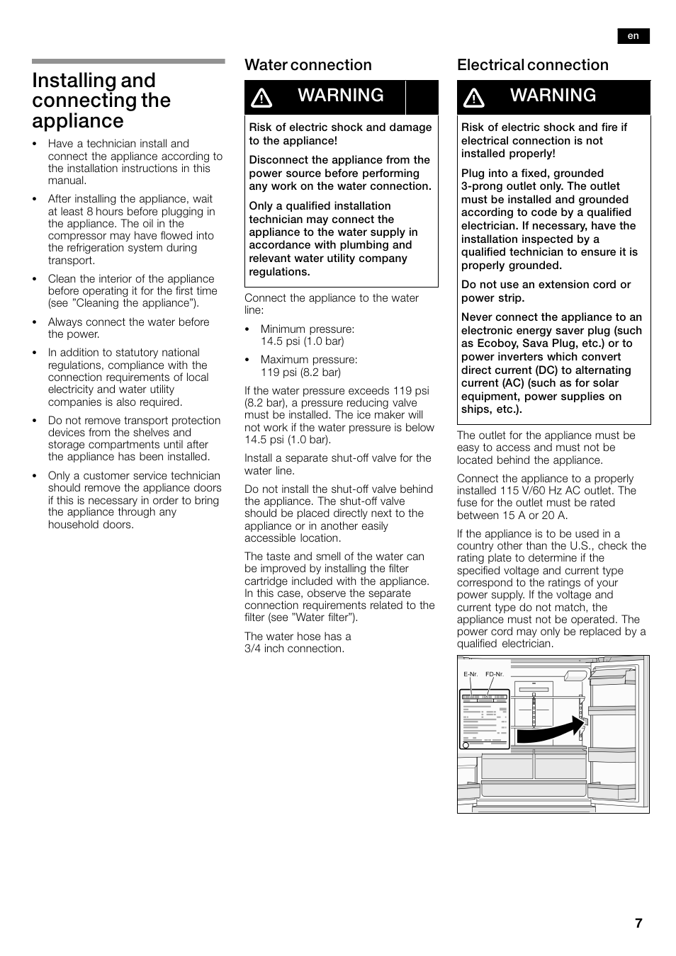 Installing and connecting the appliance, Warning, Water connection | Electrical connection | Bosch B26FT70SNS User Manual | Page 7 / 81