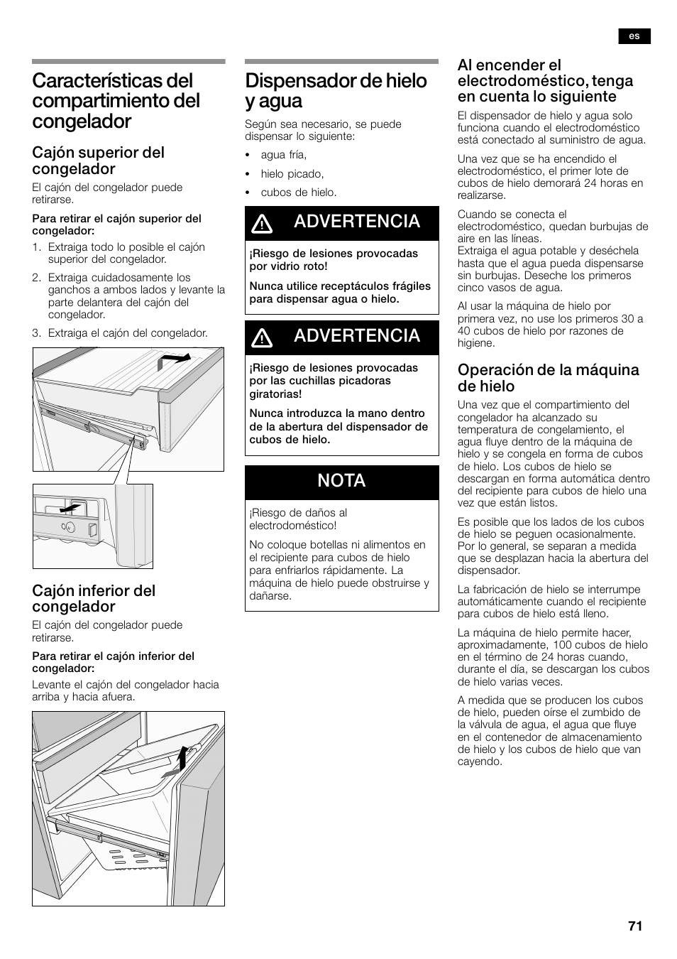 Características del compartimiento del congelador, Dispensador de hielo y agua, Advertencia | Nota, Cajón superior del congelador, Cajón inferior del congelador, Operación de la máquina de hielo | Bosch B26FT70SNS User Manual | Page 71 / 81