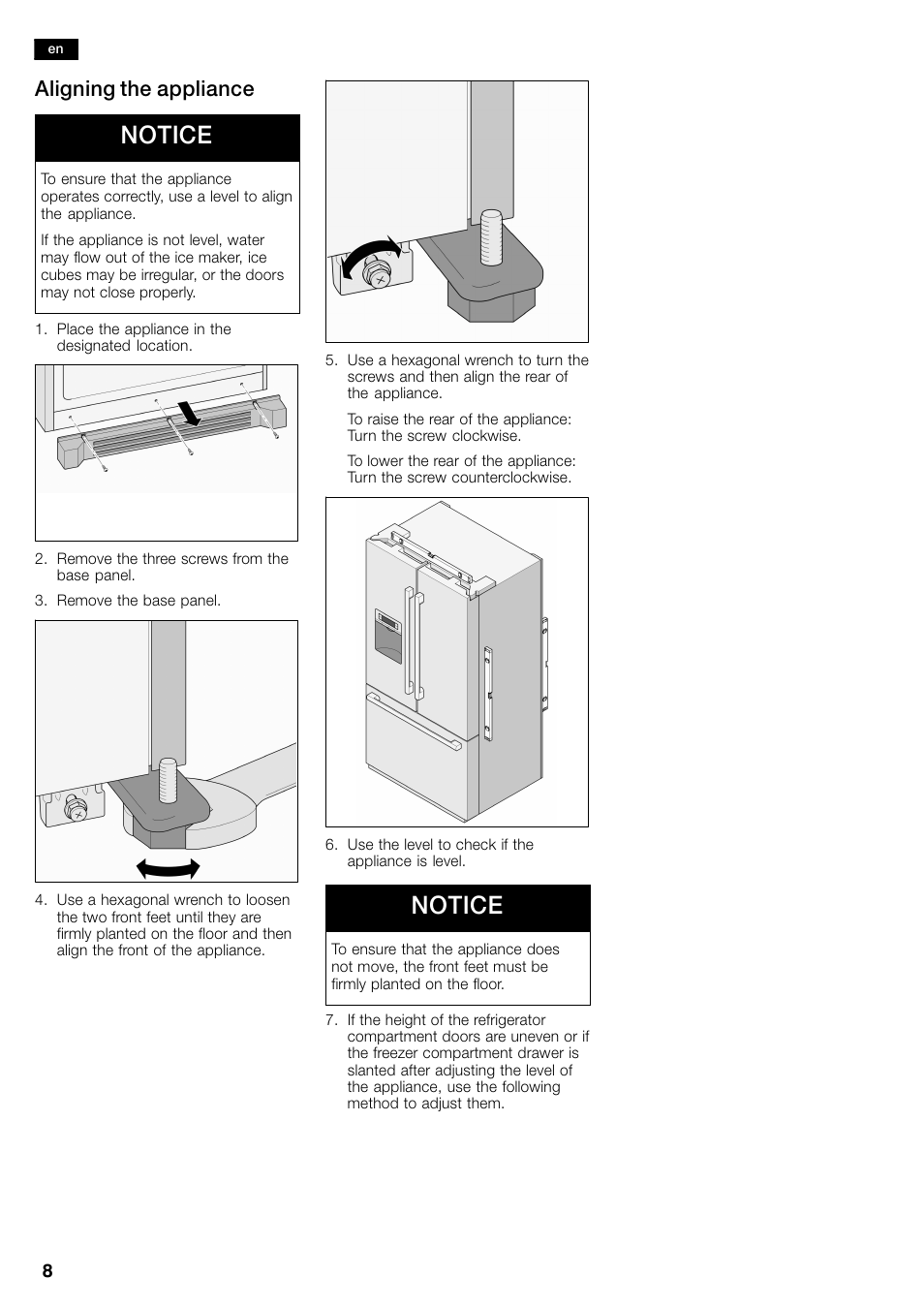 Notice, Aligning the appliance | Bosch B26FT70SNS User Manual | Page 8 / 81