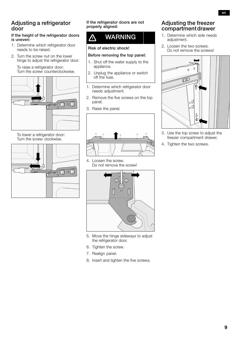 Warning, Adjusting a refrigerator door, Adjusting the freezer compartment drawer | Bosch B26FT70SNS User Manual | Page 9 / 81