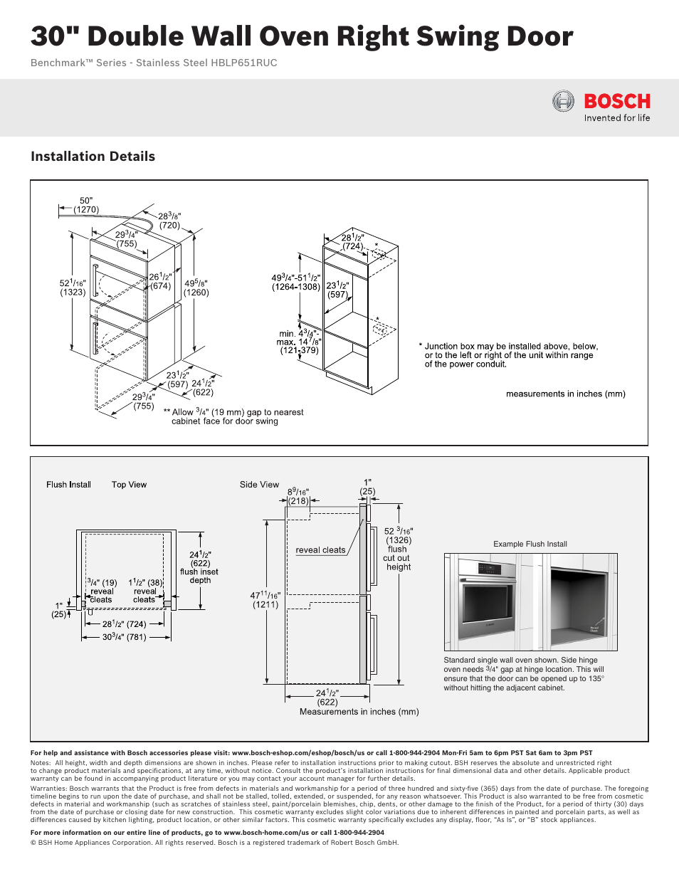 30" double wall oven right swing door, Installation details | Bosch HBLP651RUC User Manual | Page 2 / 3