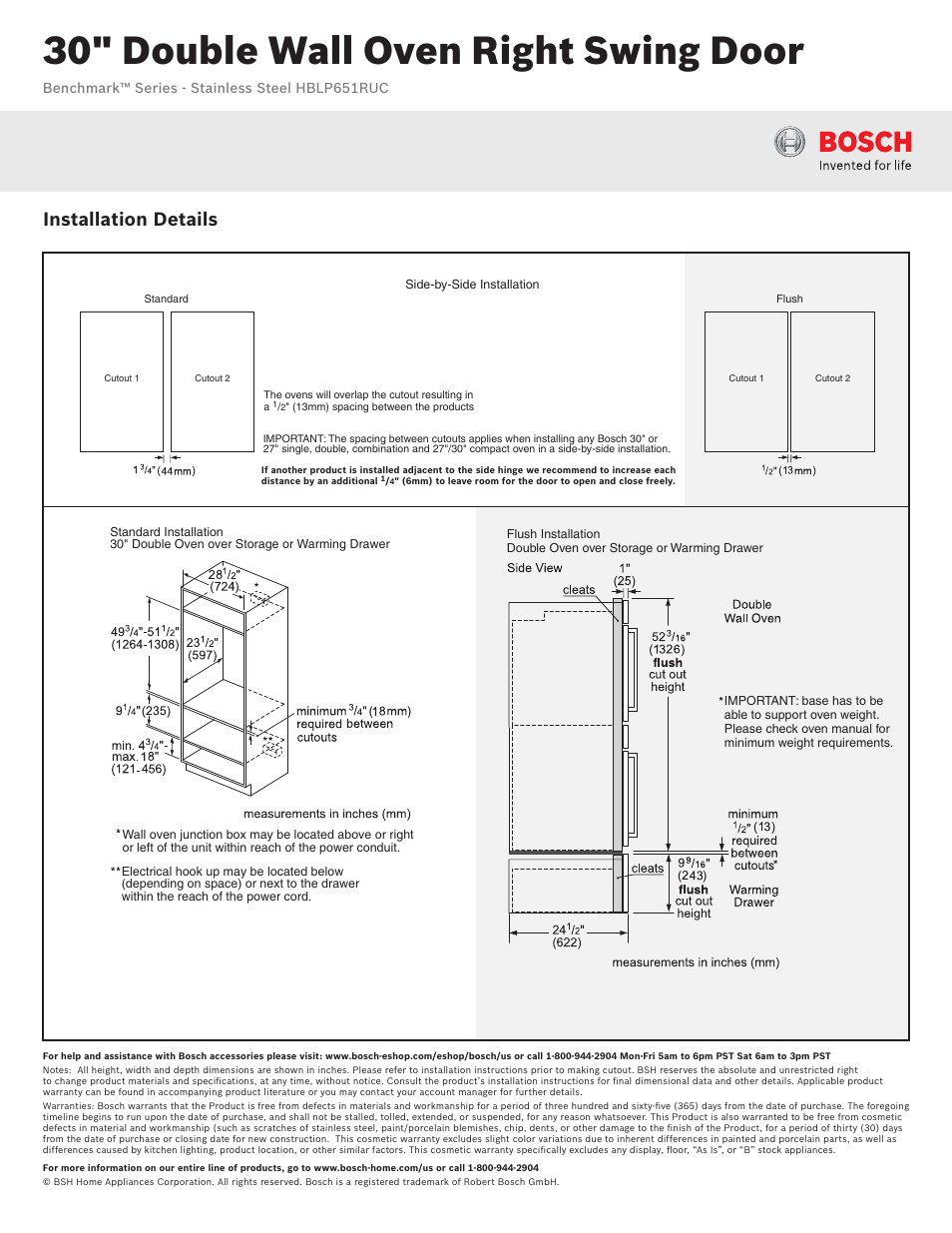 30" double wall oven right swing door, Installation details, Benchmark™ series - stainless steel hblp651ruc | Bosch HBLP651RUC User Manual | Page 3 / 3