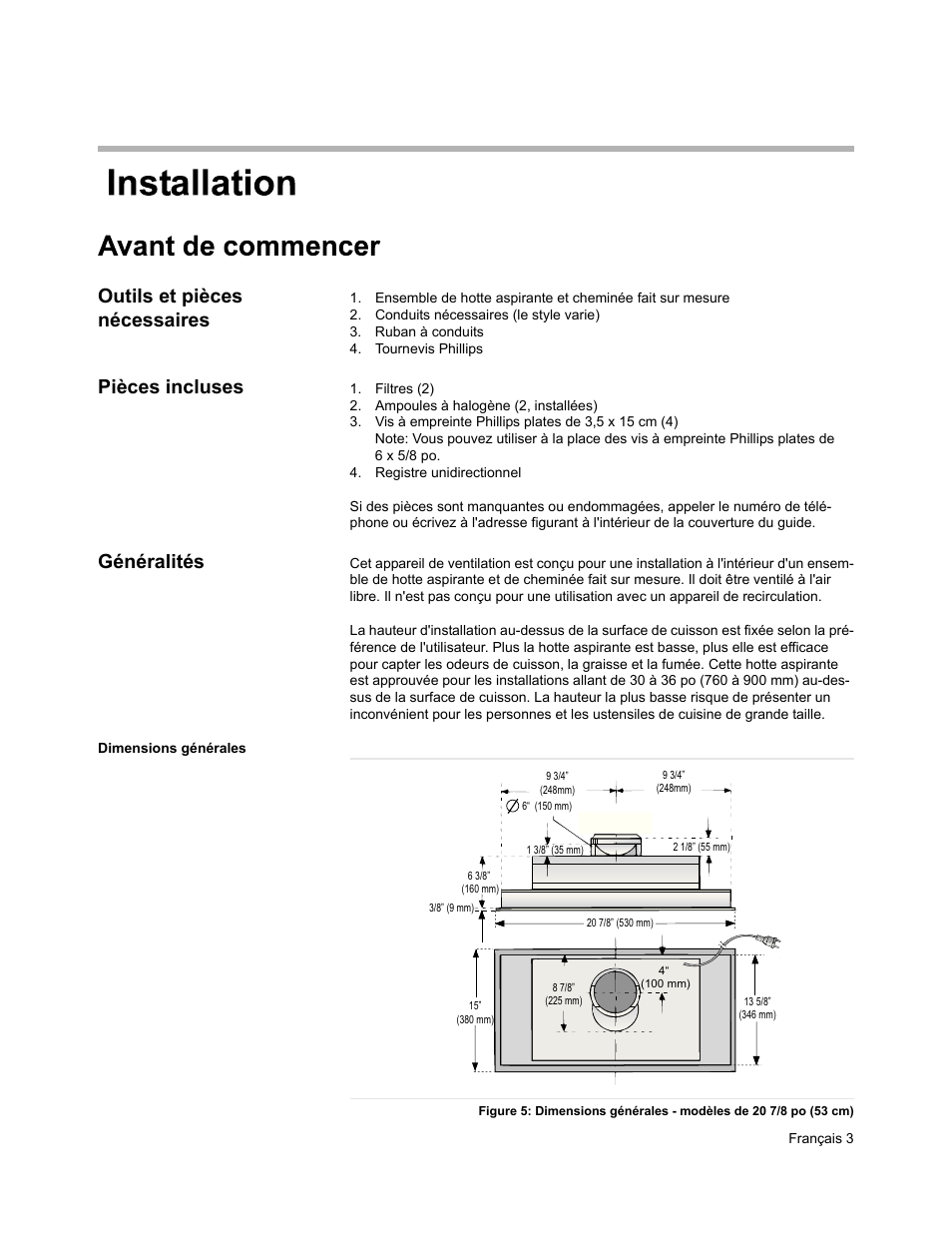 Outils et pièces nécessaires, Pièces incluses, Généralités | Bosch DHL755BUC User Manual | Page 13 / 28