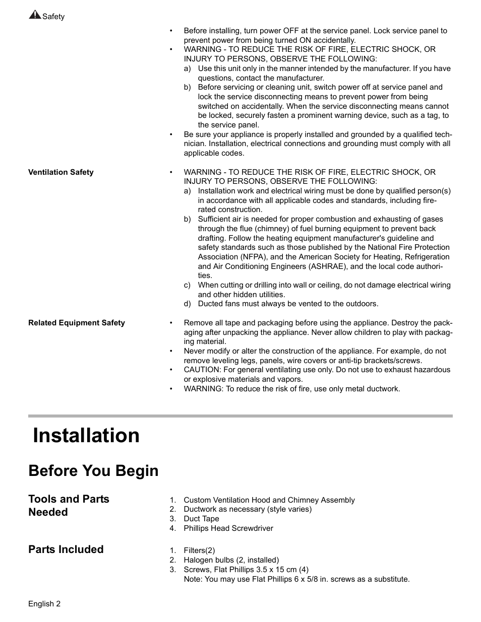 Ventilation safety, Related equipment safety, Installation | Before you begin, Tools and parts needed, Custom ventilation hood and chimney assembly, Ductwork as necessary (style varies), Duct tape, Phillips head screwdriver, Parts included | Bosch DHL755BUC User Manual | Page 4 / 28