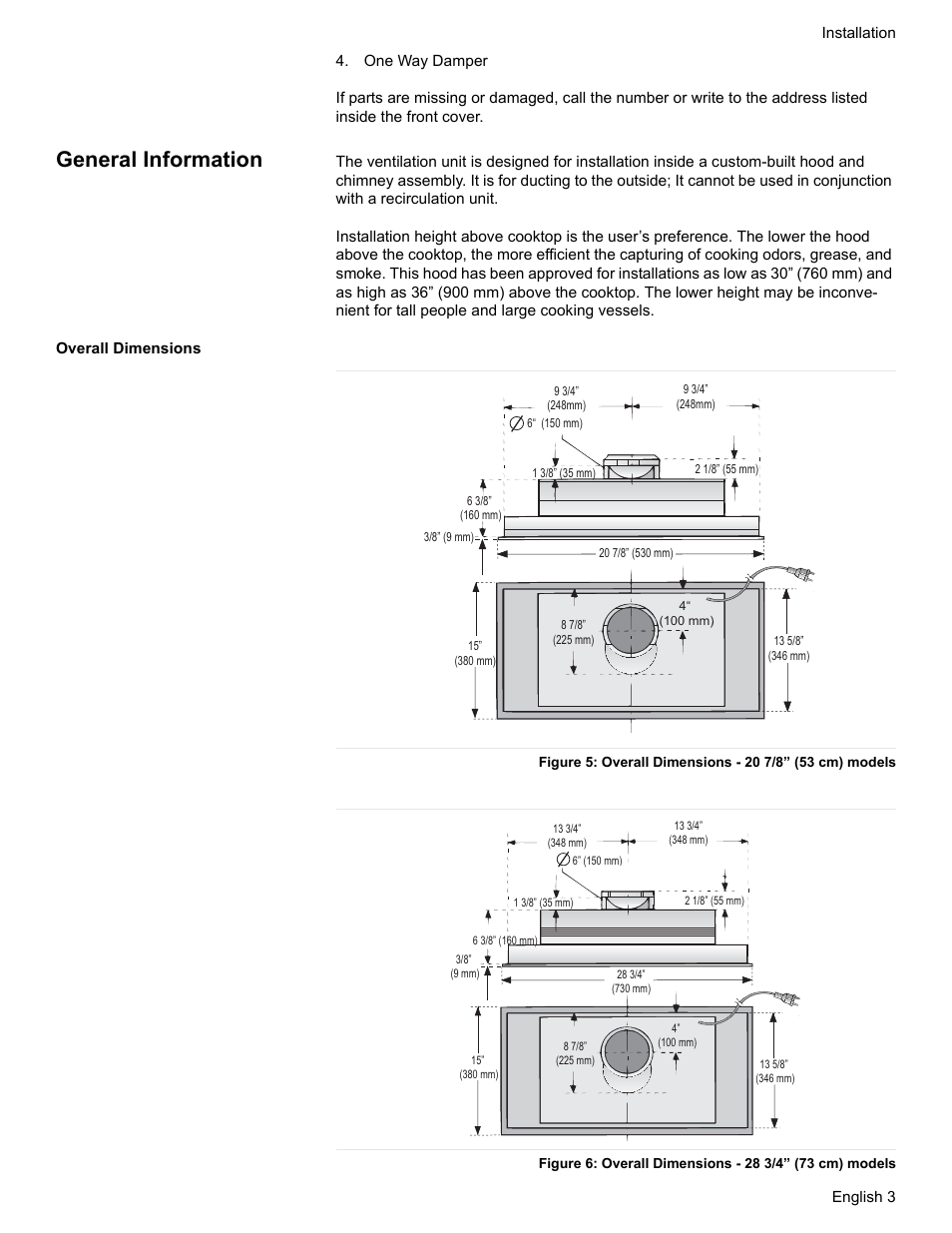 One way damper, General information, Overall dimensions | Bosch DHL755BUC User Manual | Page 5 / 28