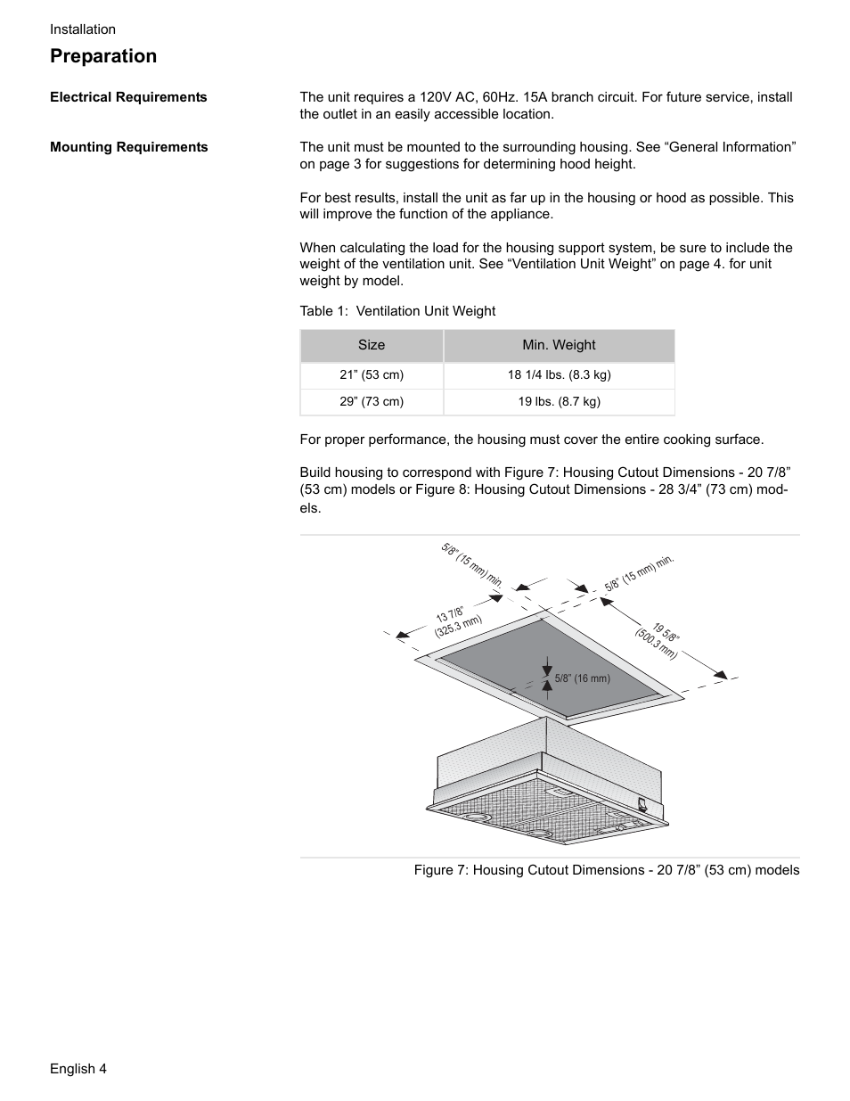 Preparation, Electrical requirements, Mounting requirements | Table 1: ventilation unit weight | Bosch DHL755BUC User Manual | Page 6 / 28