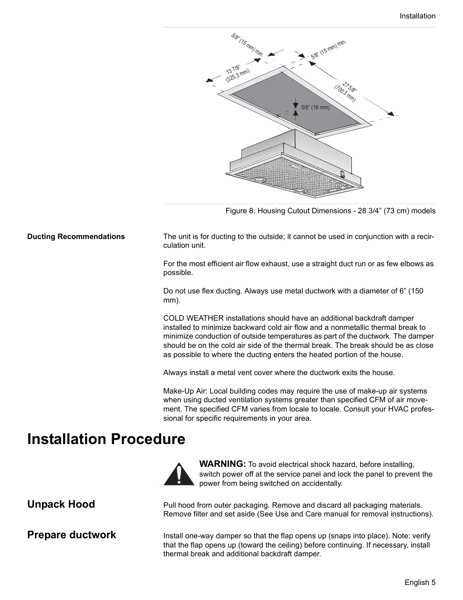 Ducting recommendations, Installation procedure, Unpack hood | Prepare ductwork | Bosch DHL755BUC User Manual | Page 7 / 28