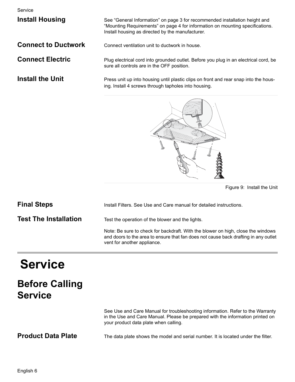 Install housing, Connect to ductwork, Connect electric | Install the unit, Figure 9: install the unit, Final steps, Test the installation, Service, Before calling service, Product data plate | Bosch DHL755BUC User Manual | Page 8 / 28