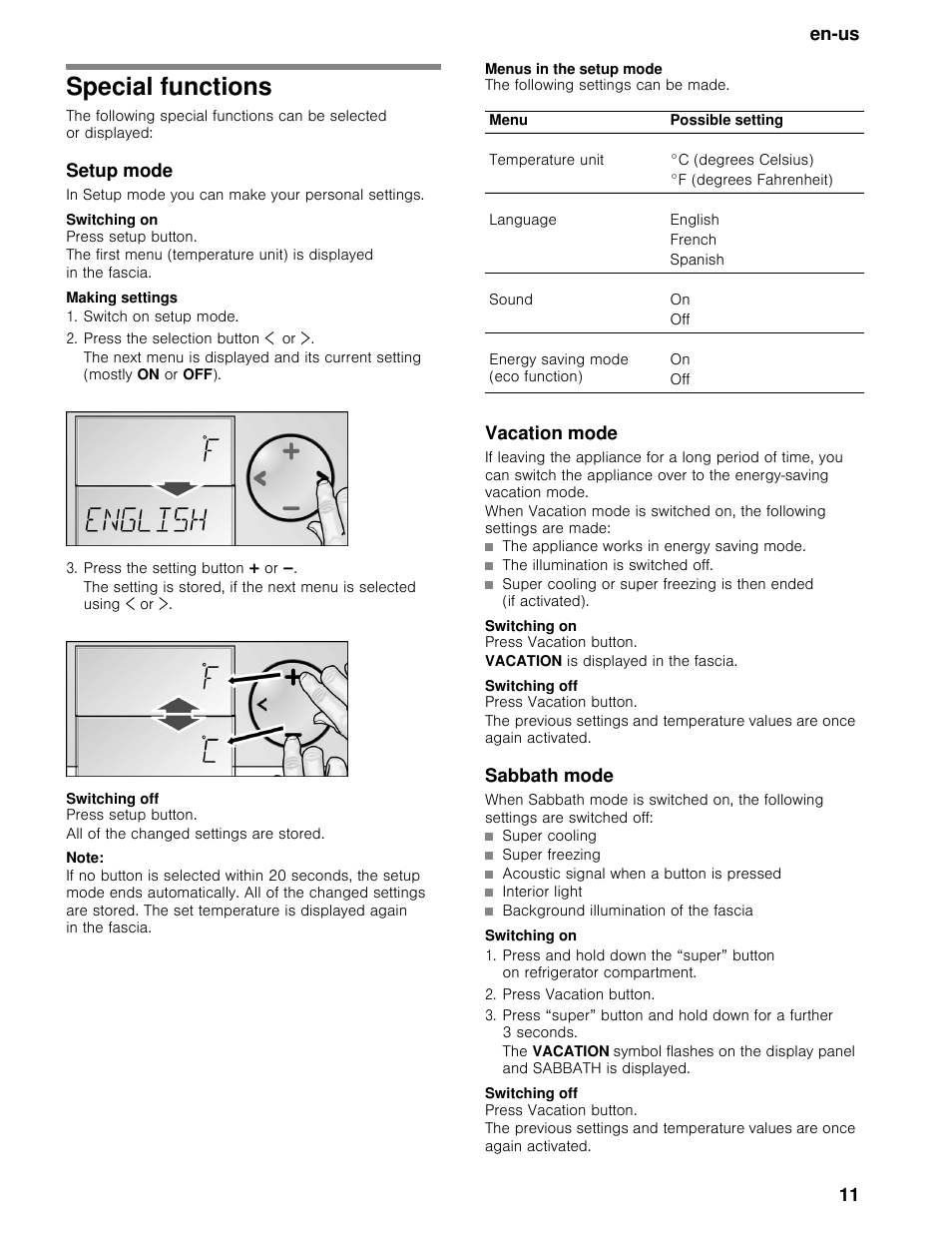 Special functions, Setup mode, In setup mode you can make your personal settings | Switching on, Press setup button, Making settings, Switch on setup mode, Press the selection button ¾ or, Press the setting button @ or a, Switching off | Bosch B30BB830SS User Manual | Page 11 / 67