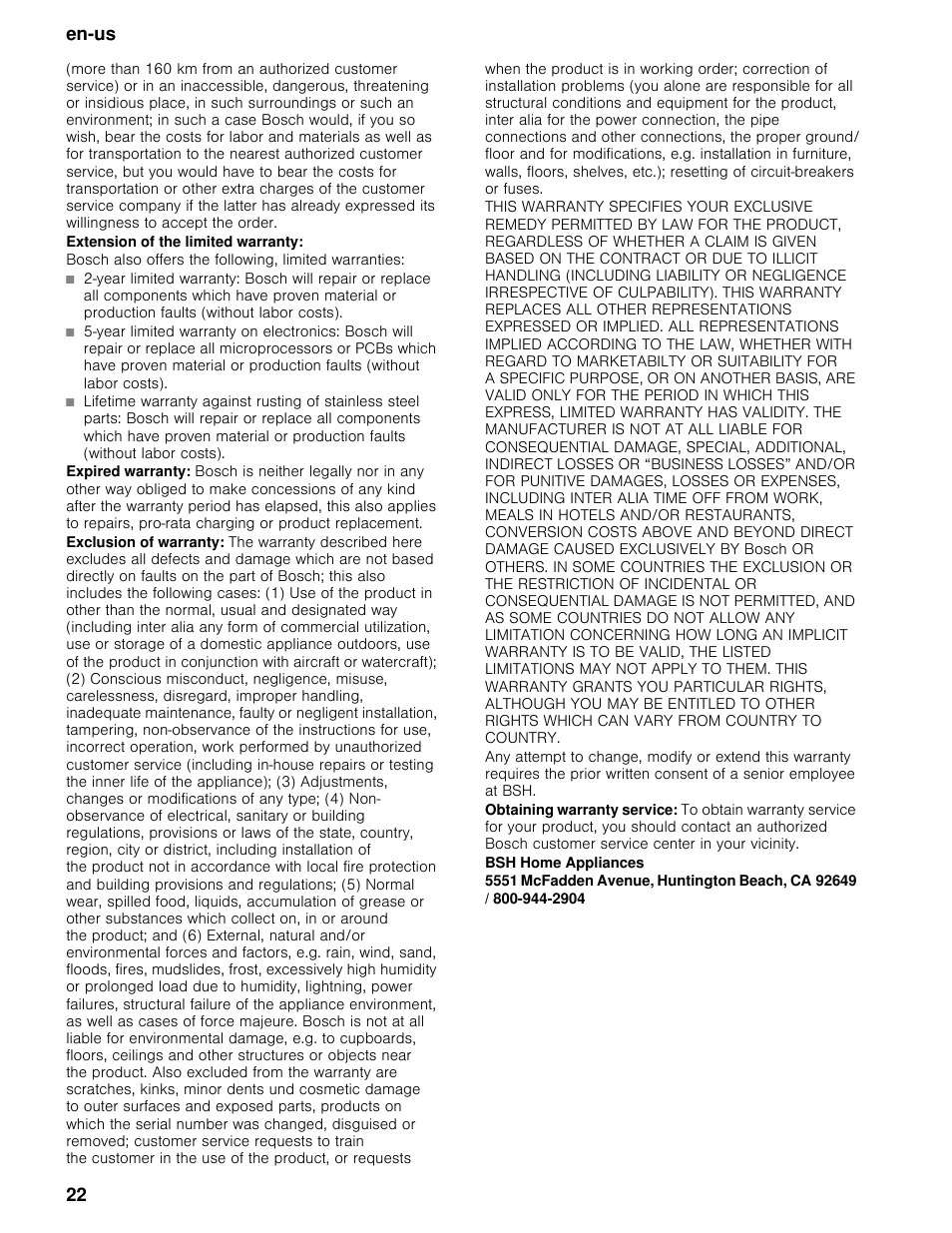 Extension of the limited warranty, Bsh home appliances, En-us 22 | Bosch B30BB830SS User Manual | Page 22 / 67