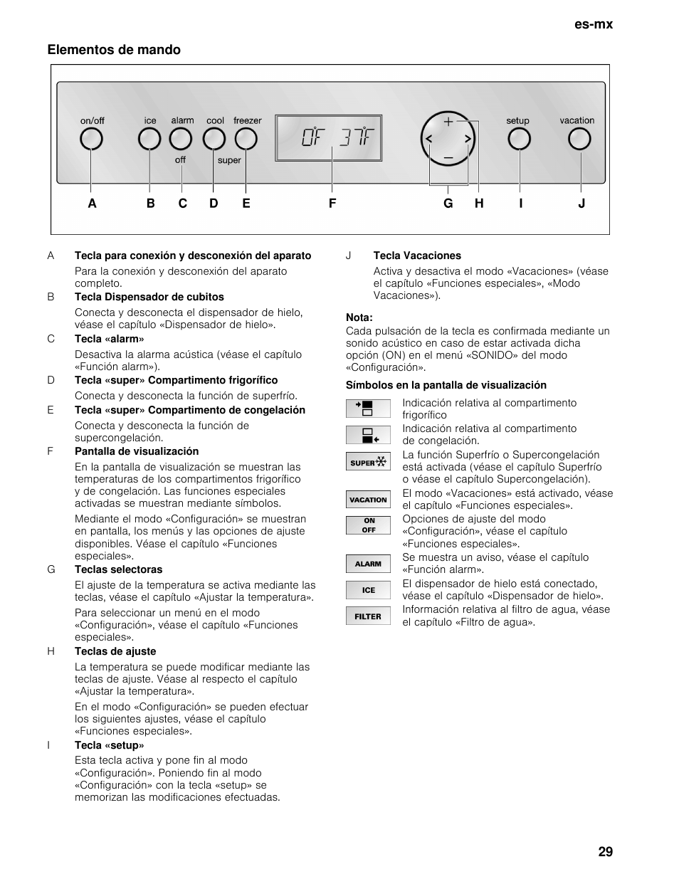 Elementos de mando, Nota, Símbolos en la pantalla de visualización | Es-mx 29 elementos de mando | Bosch B30BB830SS User Manual | Page 29 / 67