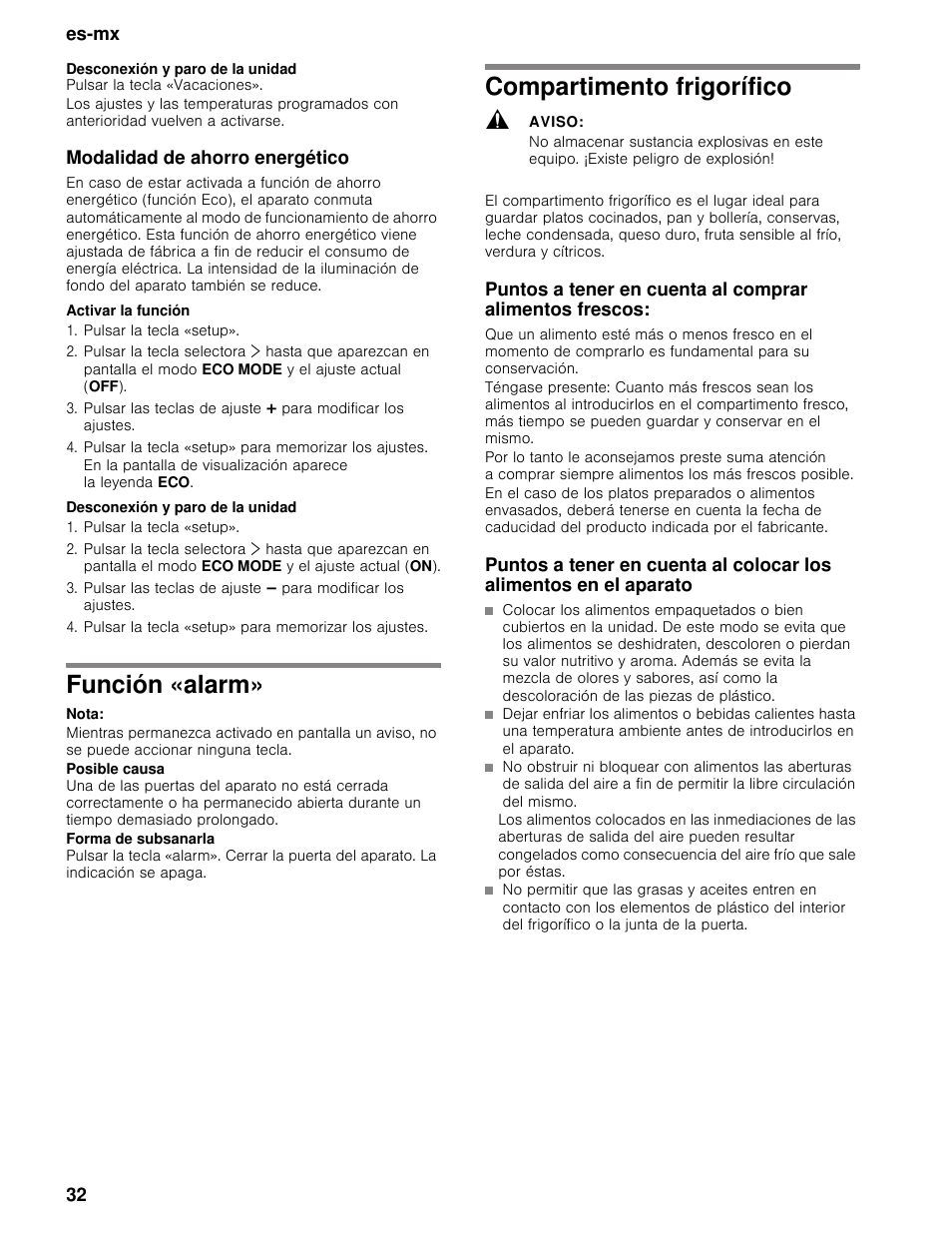 Desconexión y paro de la unidad, Pulsar la tecla «vacaciones, Modalidad de ahorro energético | Activar la función, Pulsar la tecla «setup, Pulsar la tecla «setup» para memorizar los ajustes, Función «alarm, Nota, Compartimento frigorífico, Aviso | Bosch B30BB830SS User Manual | Page 32 / 67