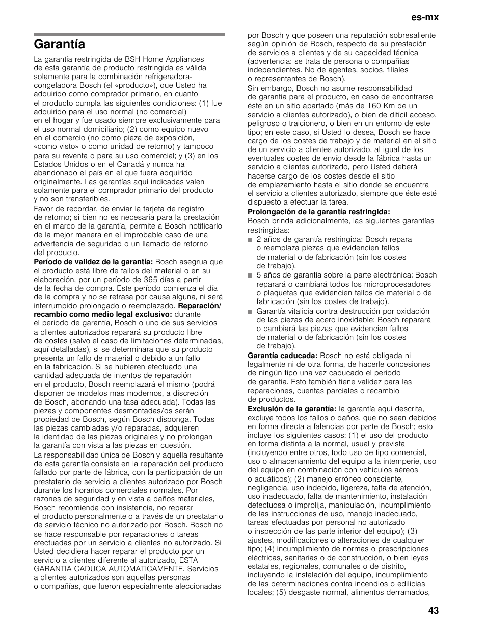 Garantía, Prolongación de la garantía restringida, Es-mx 43 | Bosch B30BB830SS User Manual | Page 43 / 67