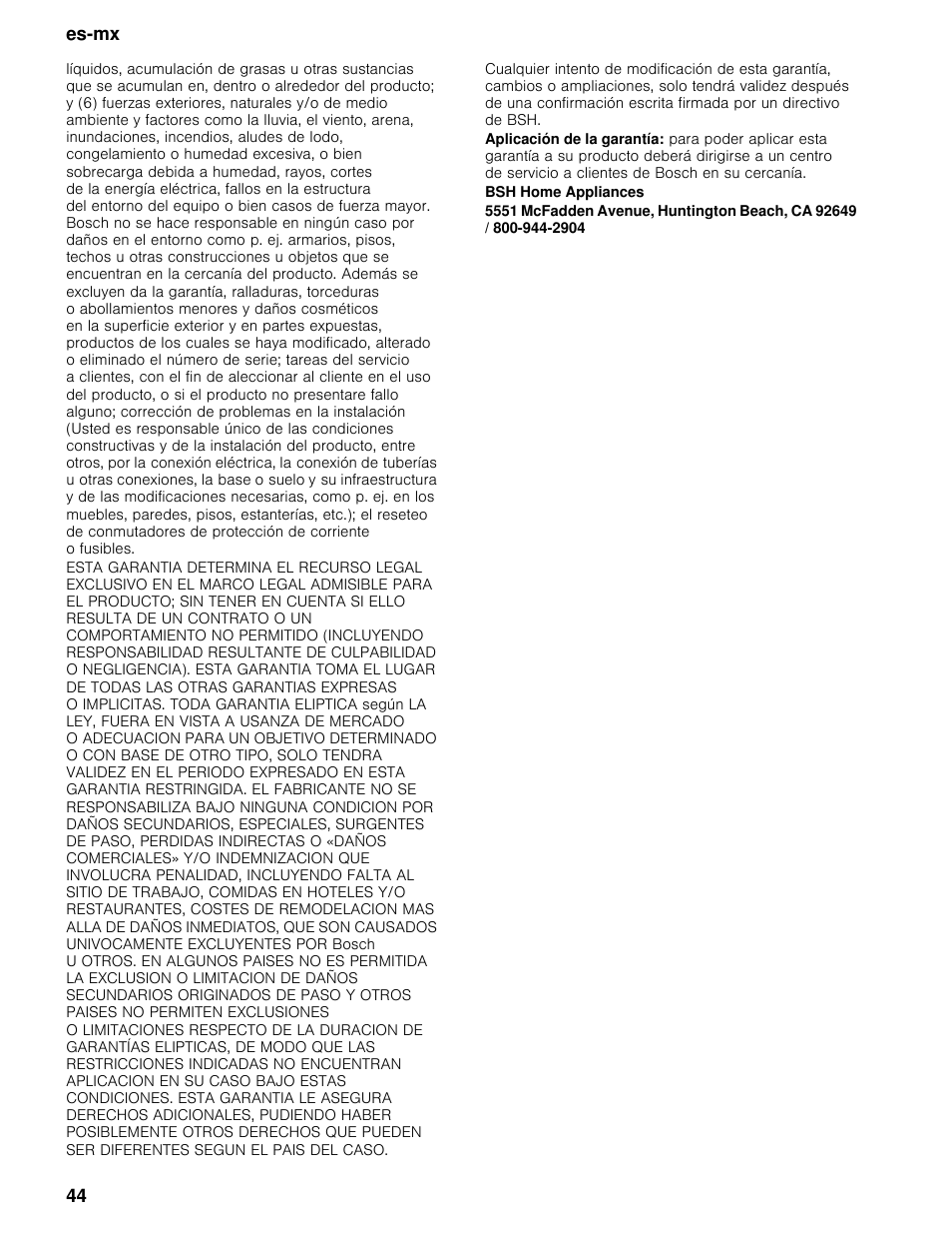 Bsh home appliances, Es-mx 44 | Bosch B30BB830SS User Manual | Page 44 / 67