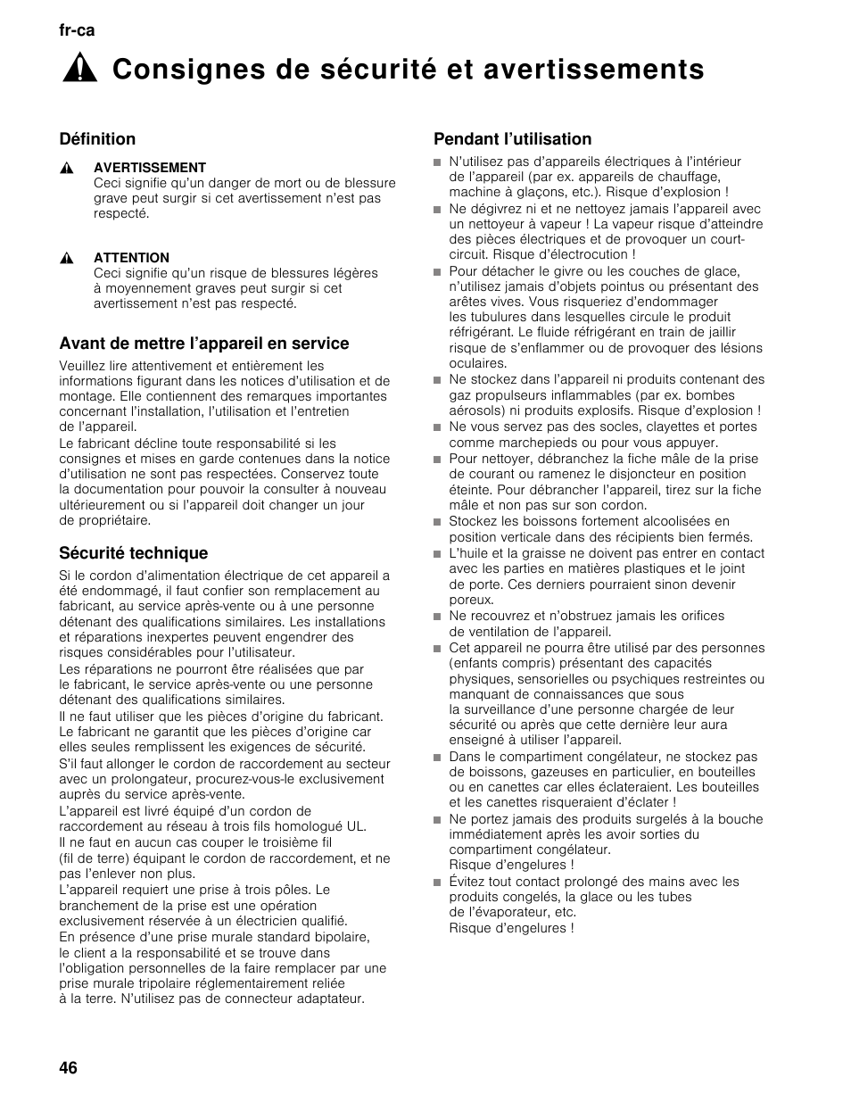 Consignes de sécurité et avertissements, Définition, Avant de mettre l’appareil en service | Sécurité technique, Pendant l’utilisation, Fr-ca 46, Définition avant de mettre l’appareil en service | Bosch B30BB830SS User Manual | Page 46 / 67