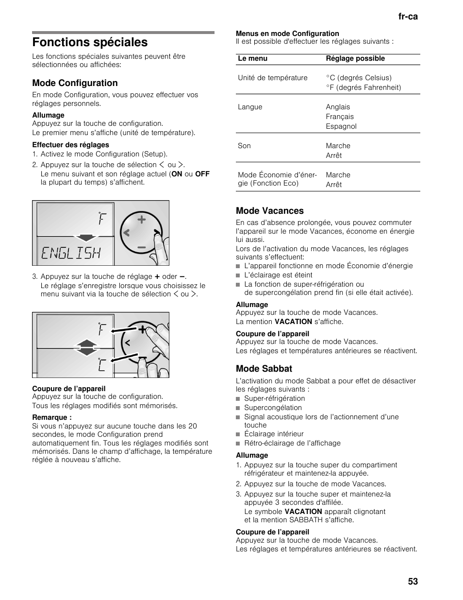 Fonctions spéciales, Mode configuration, Allumage | Appuyez sur la touche de configuration, Le premier menu s’affiche (unité de température), Effectuer des réglages, Activez le mode configuration (setup), Appuyez sur la touche de sélection ¾ ou, Appuyez sur la touche de réglage @ oder a, Coupure de l’appareil | Bosch B30BB830SS User Manual | Page 53 / 67