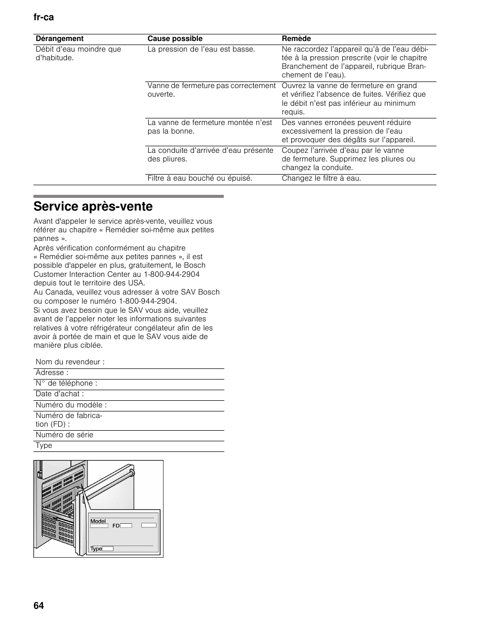 Service après-vente, Fr-ca 64 | Bosch B30BB830SS User Manual | Page 64 / 67