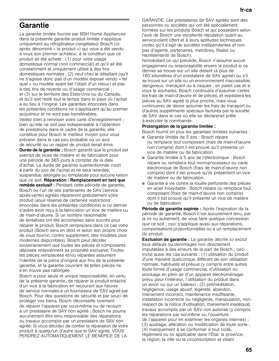 Garantie, Prolongation de la garantie limitée, Fr-ca 65 | Bosch B30BB830SS User Manual | Page 65 / 67