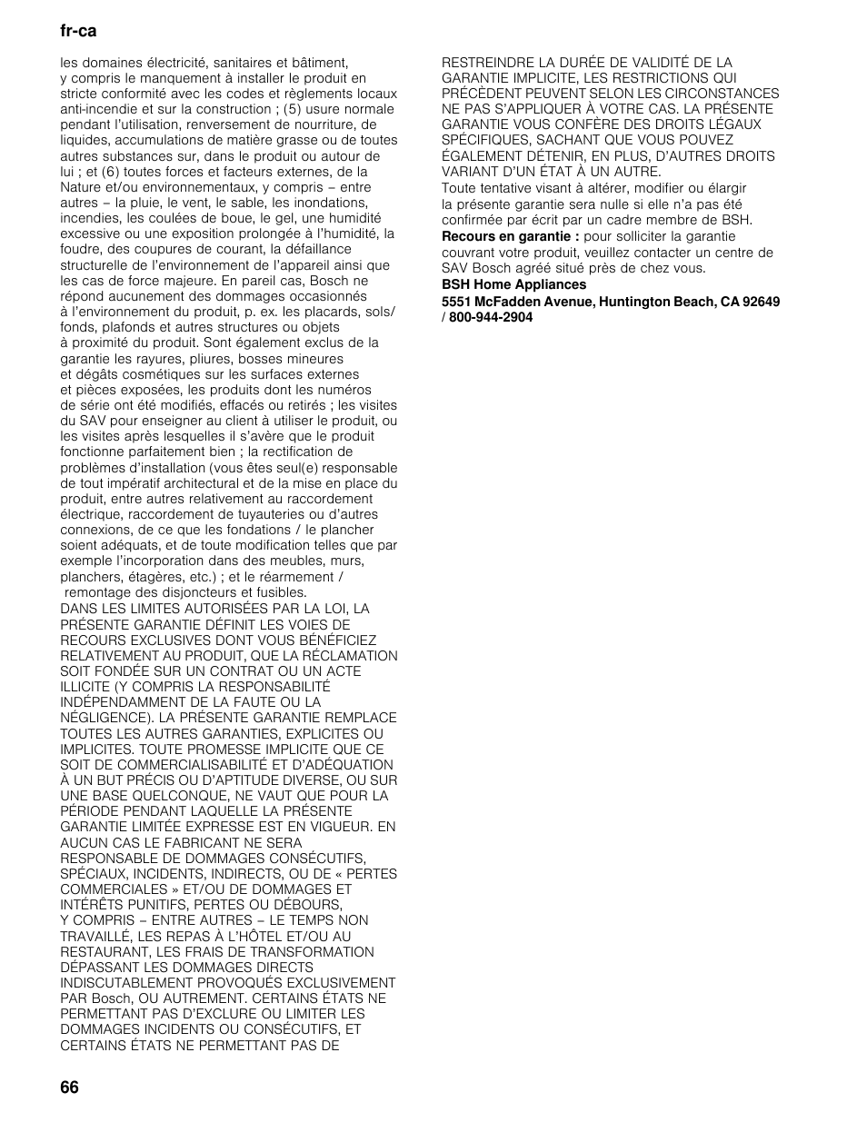 Bsh home appliances, Fr-ca 66 | Bosch B30BB830SS User Manual | Page 66 / 67