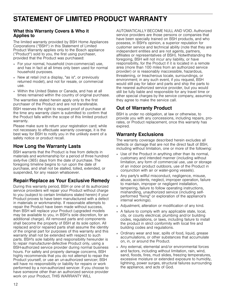 Statement of limited product warranty, What this warranty covers & who it applies to, How long the warranty lasts | Repair/replace as your exclusive remedy, Out of warranty product, Warranty exclusions | Bosch HCP30651UC User Manual | Page 12 / 40