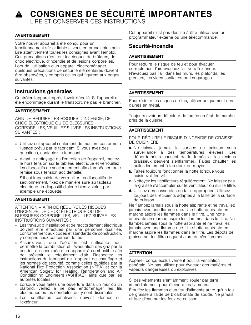 Consignes de sécurité importantes, Lire et conserver ces instructions, Avertissement | Instructions générales, Sécurité-incendie, Attention, Antes instructions générales sécurité-incendie | Bosch HCP30651UC User Manual | Page 16 / 40